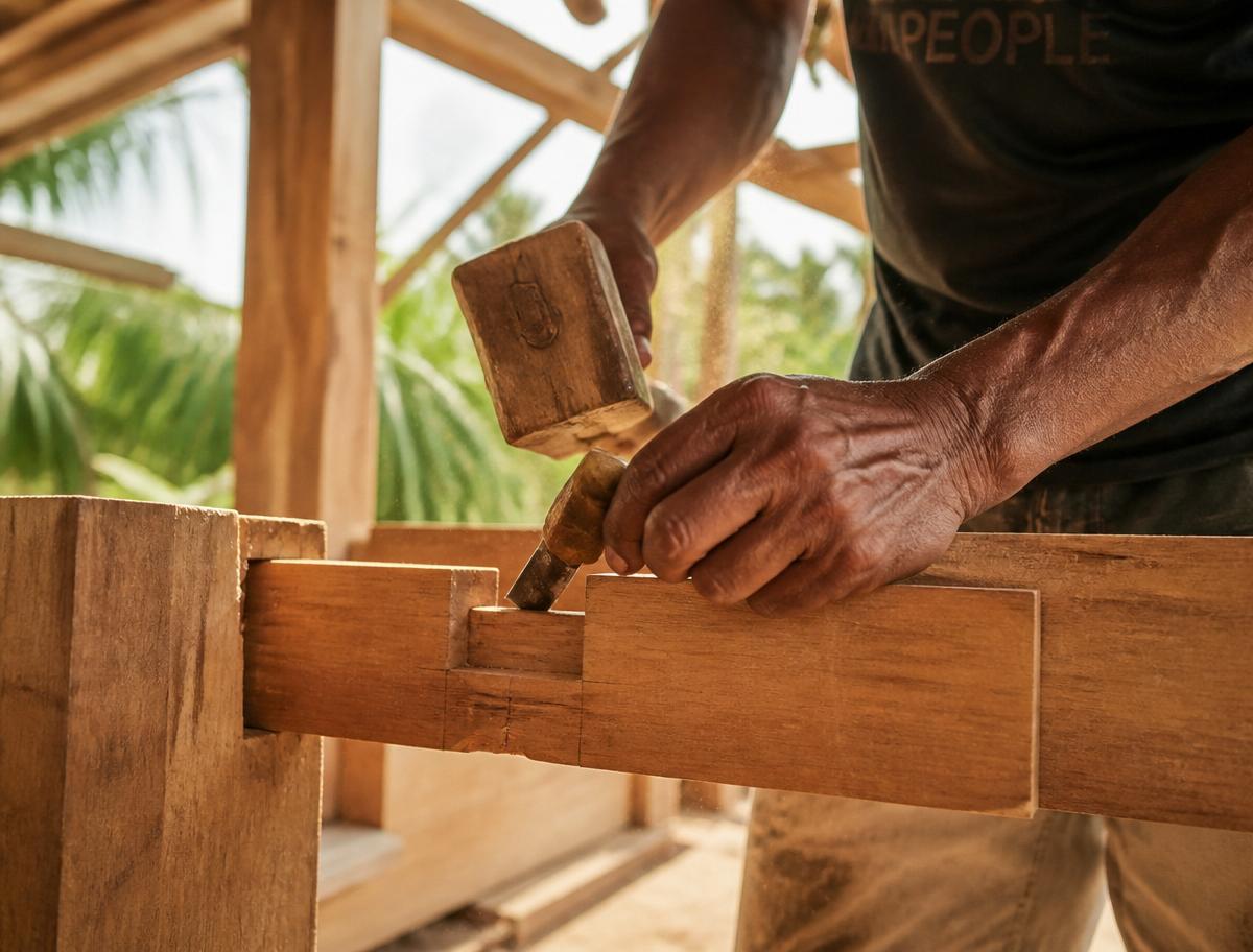 Craftsman shaping timber joinery on a project site in Sri Lanka