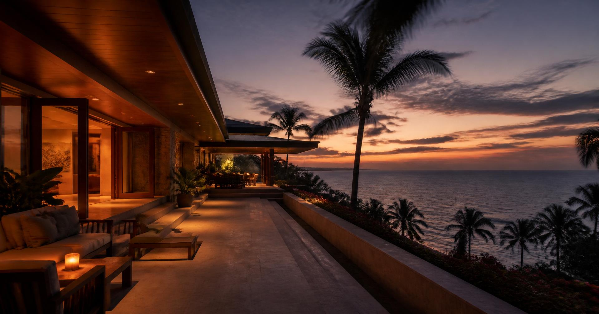 Terrace of a tropical modern building at dusk overlooking the ocean