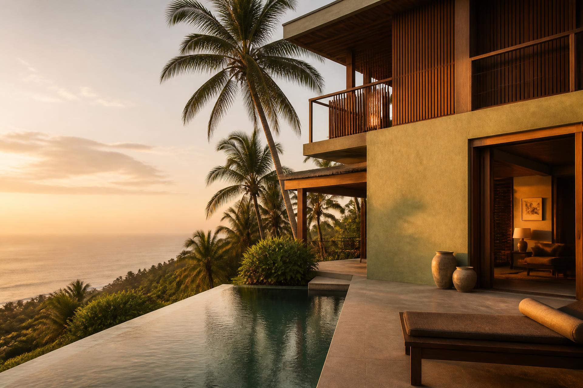 Contemporary tropical villa overlooking the ocean in Sri Lanka at golden hour