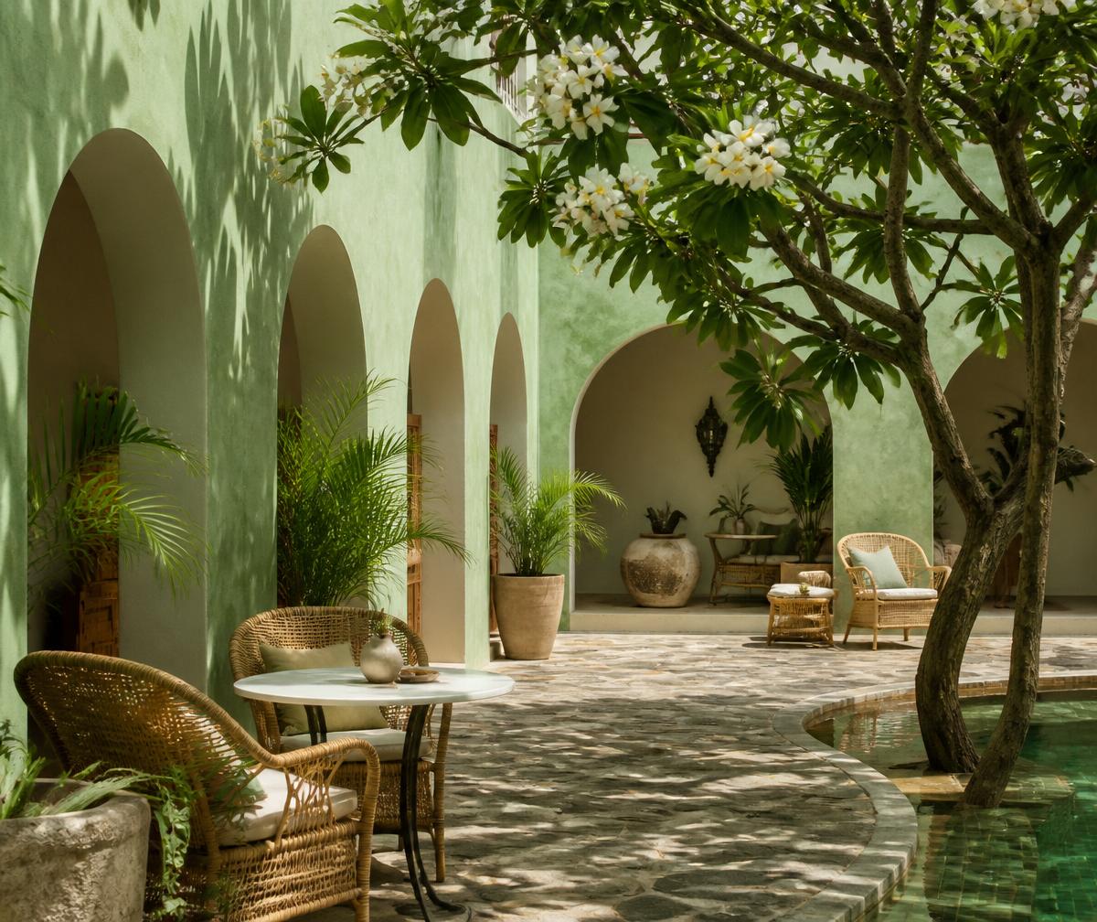 Concept image of a boutique hospitality courtyard with plaster arcades