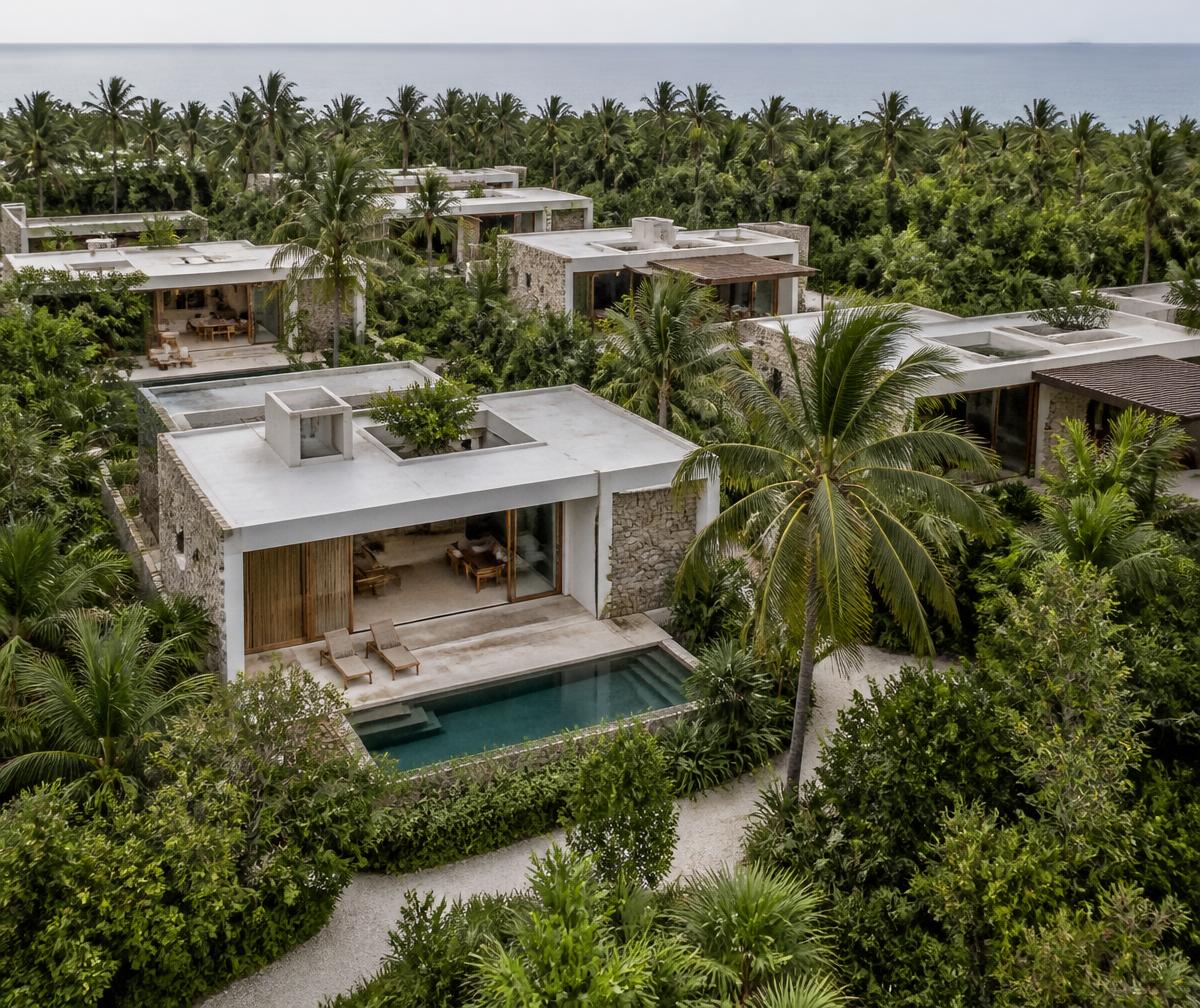 Concept image of low-rise residences set among palm trees